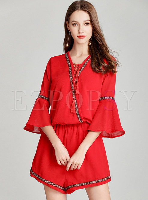 Red Casual Flare Sleeve Rompers