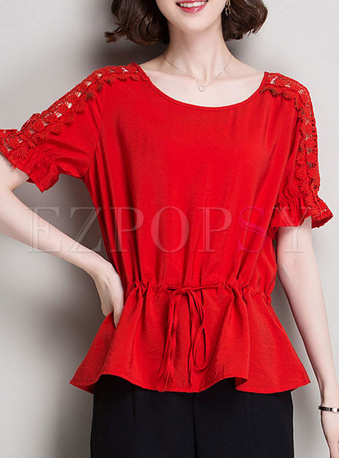 Red Lace Flouncing Tied Blouse