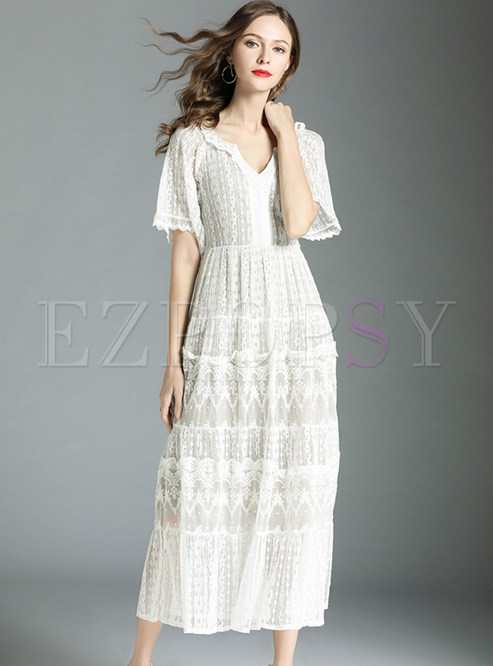 White Mesh Embroidery Lace Maxi Dress