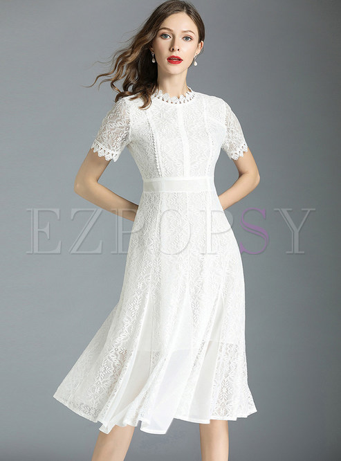 Dresses | Skater Dresses | White Stand Collar Lace Dress
