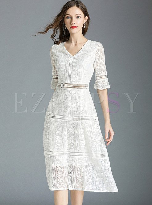 Hollow Out Flare Sleeve Midi Dress