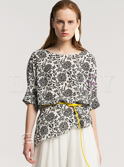Casual Floral Print Silk Blouse Without Belt