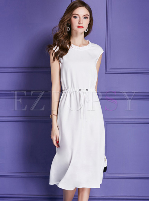 White Gathered Waist Midi Dress