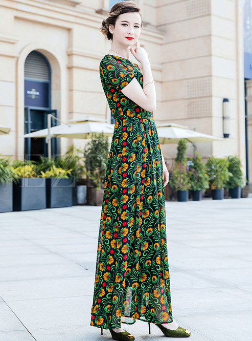 Dresses | Maxi Dresses | Green Floral Print Slim Chiffon Dress