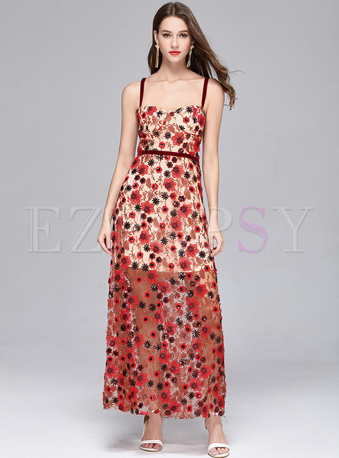 Party Embroidery Stereoscopic Flower Sequin Strapless Maxi Dress