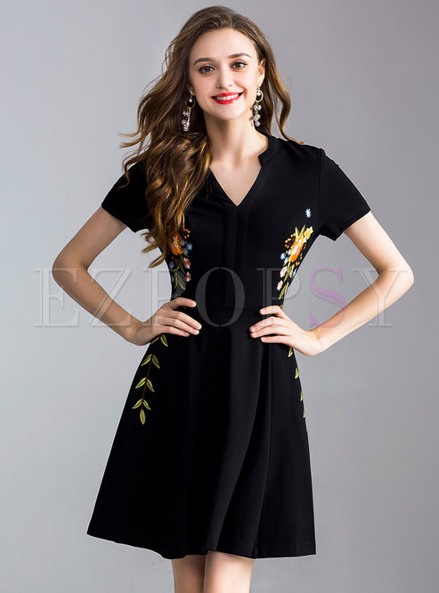 Dresses | Skater Dresses | Black Brief Embroidery V-neck A Line Dress