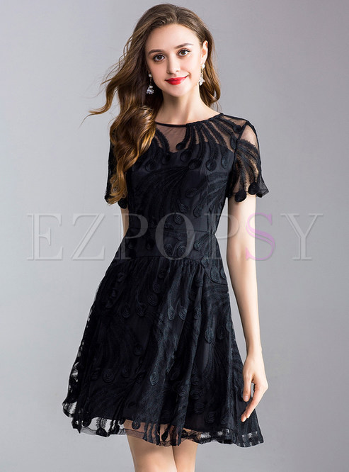 Black Short Sleeve Embroidery A Line Dress