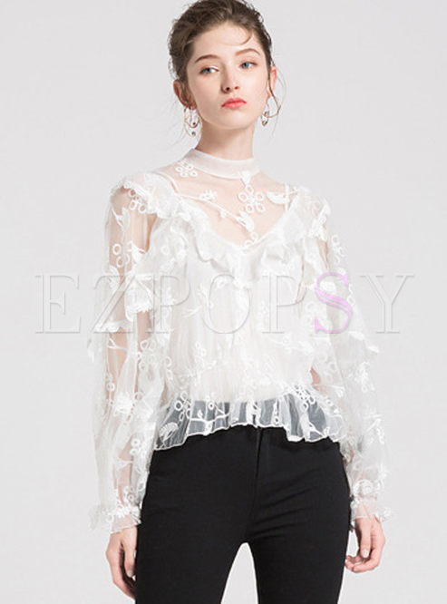 White Mesh Embroidery Long Sleeve Perspective Top