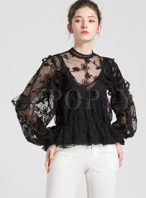 Black Mesh Embroidery Long Sleeve Perspective Top