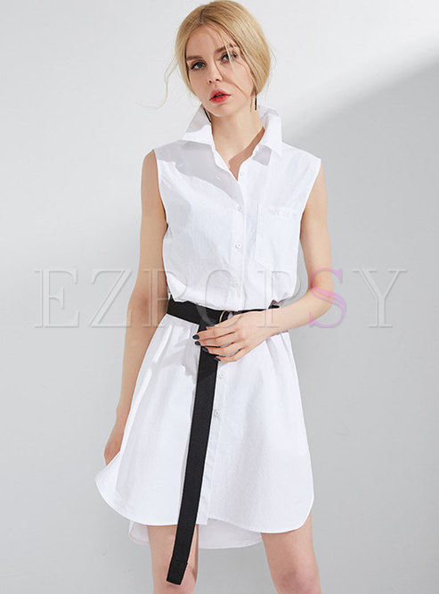 White Fashion Sleeveless Belt Long Blouse