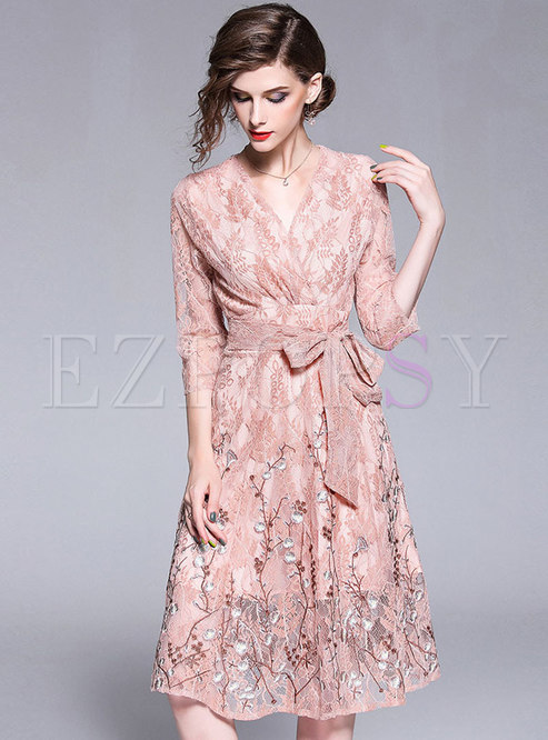 Pink Embroidery V-neck Belted A Line Dress