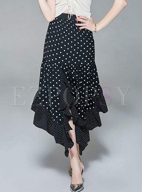 Black Falbala Asymmetric Dot Print Skirt