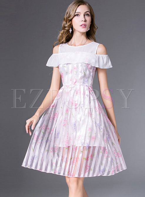 Sweet Floral Print Off The Shoulder Striped Dress