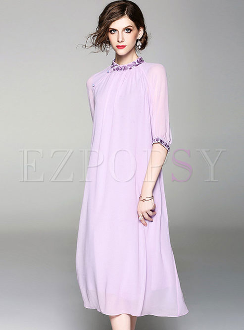 Fashion Purple Stand Collar Big Hem Shift Dress