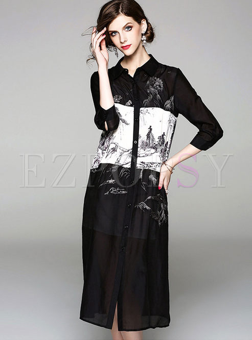 Black Lapel Ink Print Long Shirt Dress