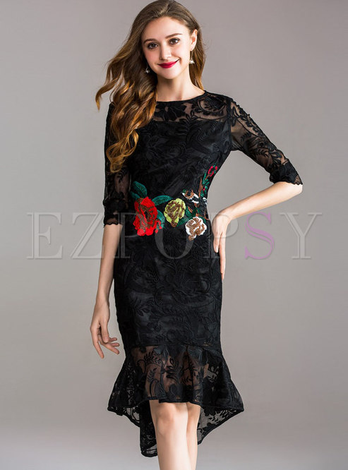 Black Flower Embroidery Lace Mermaid Dress