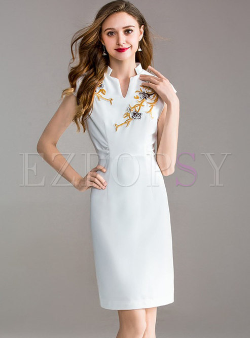 White V-neck Embroidery Sheath Dress
