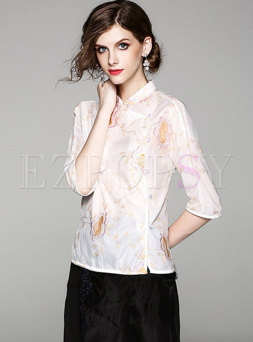 White Stand Collar Embroidery Blouse