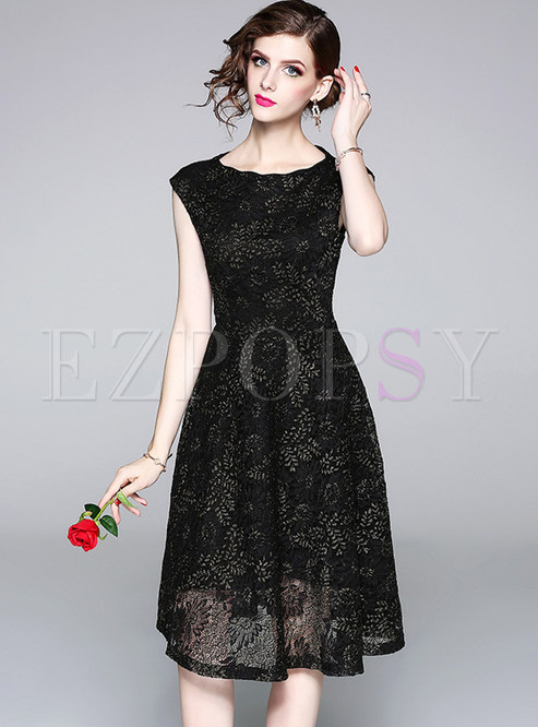 Black Lace Round Neck Midi Dress
