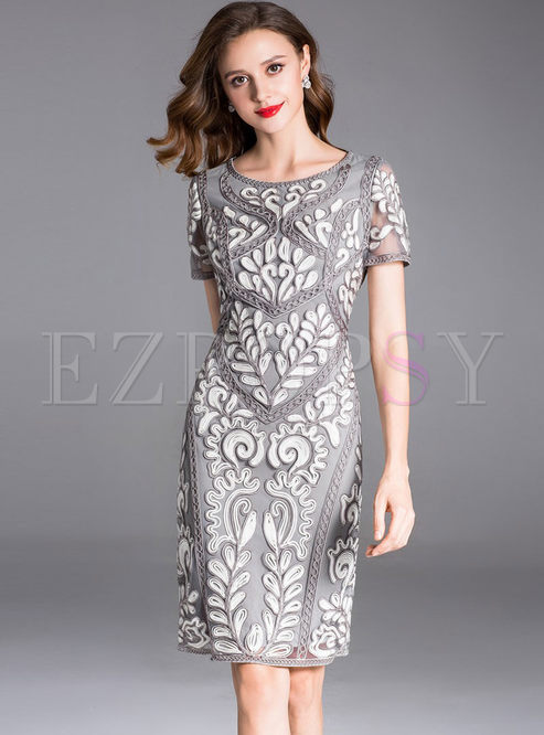 Dresses | Bodycon Dresses | Grey Mesh Embroidery Short Sleeve Bodycon Dress