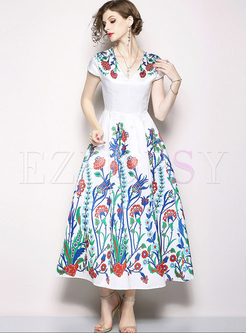 Chic Floral Print V-neck Maxi Dress