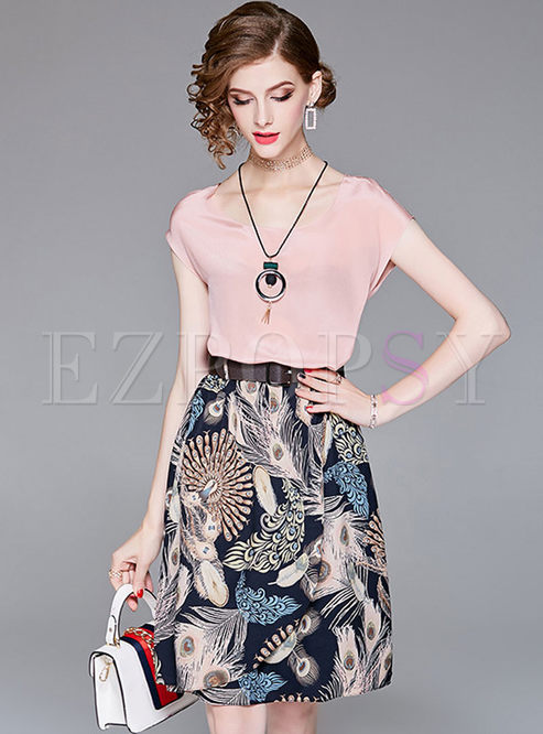 Brief Chiffon Pink Top & A Line Print Skirt