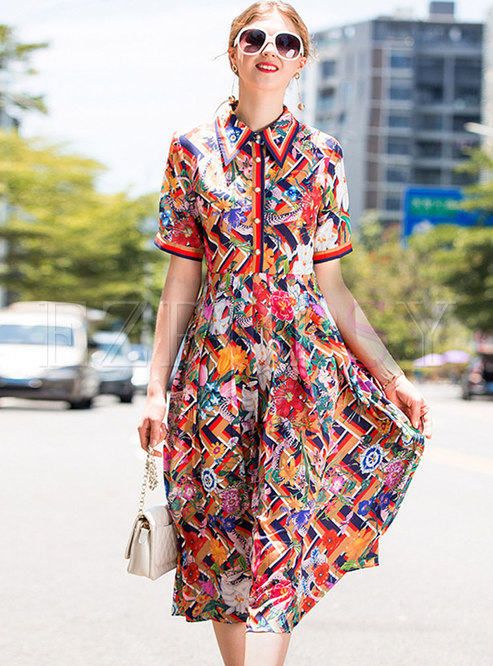 Dresses | Skater Dresses | Floral Print Color-block Lapel Midi Dress