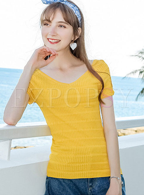 Yellow Brief Knitted All-match T-shirt