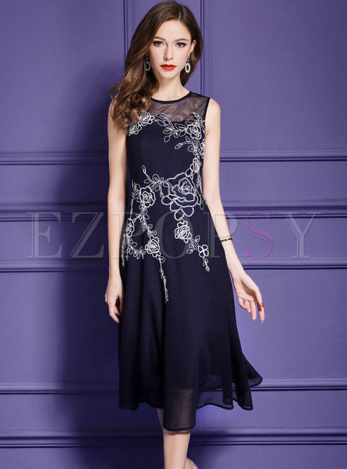 Deep Blue Elegant Embroidery Sleeveless Skater Dress