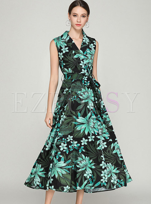Green Flower Print Notched Neck Maxi Dress