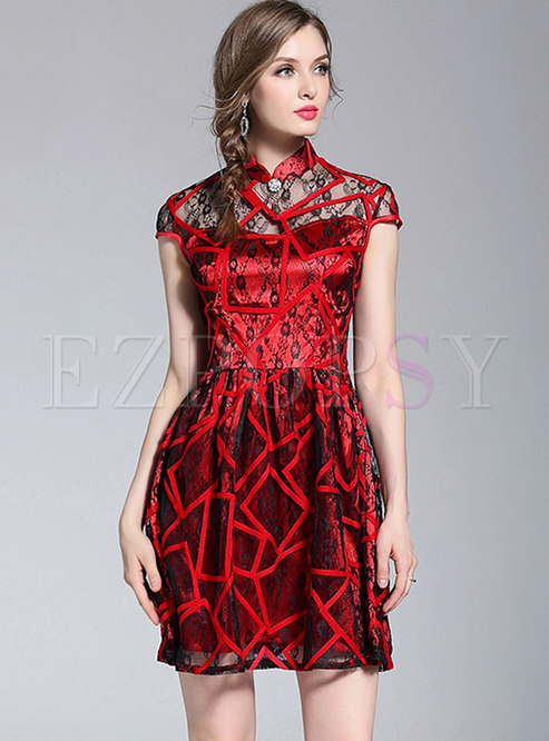 Vintage Lace Embroidery Stand Collar A Line Dress