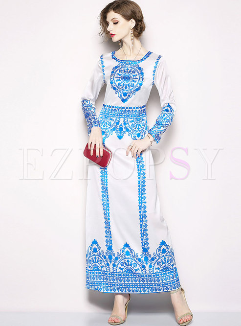 Ethnic Printed Long Sleeve Prom Dress