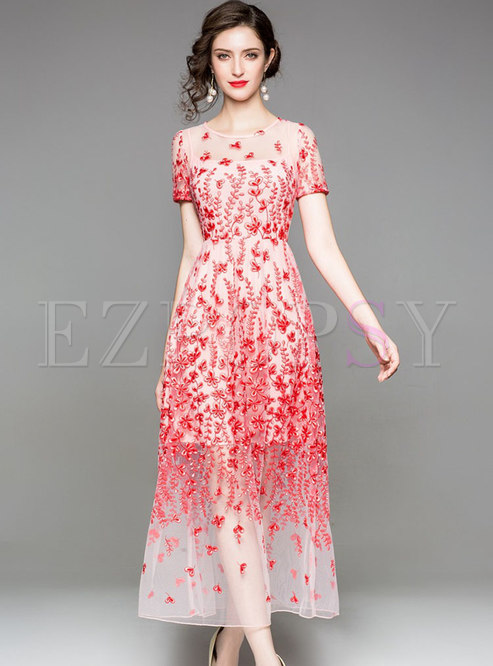 Elegant Gauze Embroidery Waist Prom Dress