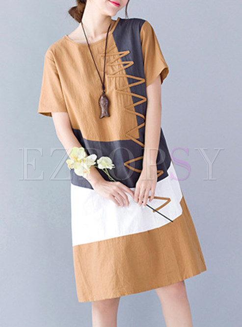 Cute Contrast Color Short Sleeve Shift Dress