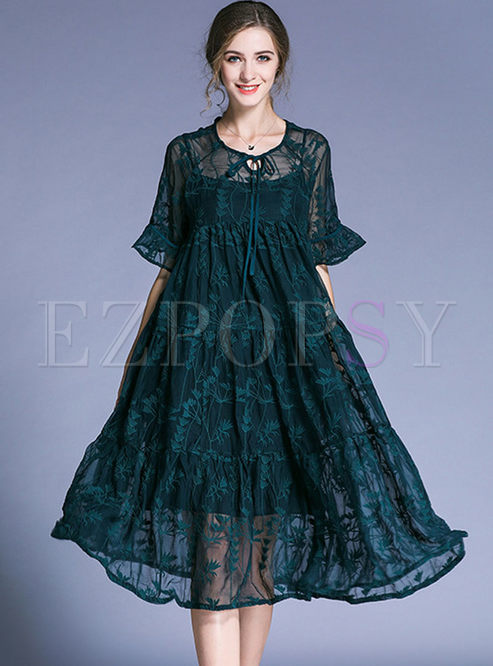 Dresses | Shift Dresses | Dark Green Elegant Embroidery Plus Size Dress ...