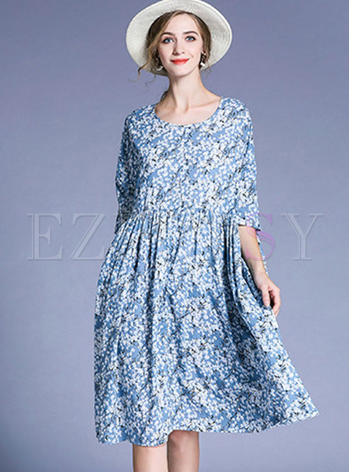 Light Blue Floral Print Cotton Plus Size Shift Dress