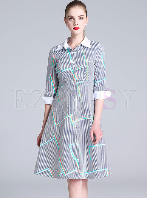 Casual Lapel Single-breasted Print A Line Shirt Dress