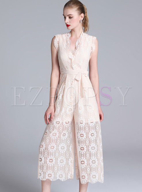 Fashion Apricot Lace Hollow Out Belted Elegant Jumpsuit
