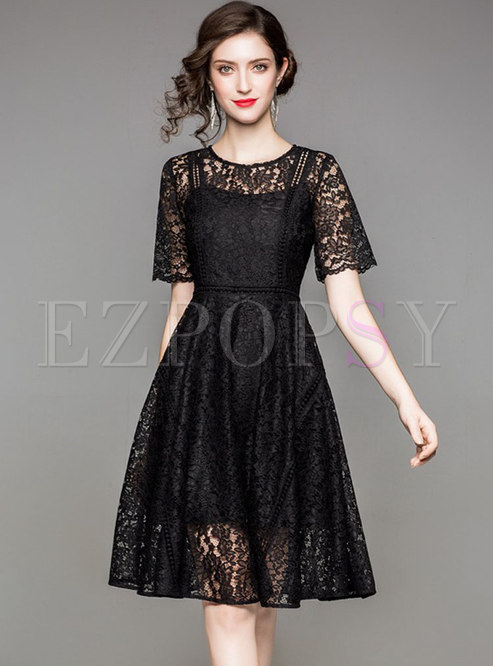 Black Mesh Embroidery A Line Dress