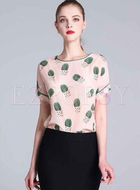 Apricot Casual Elegant Silk Cactus Print Short Sleeve Top