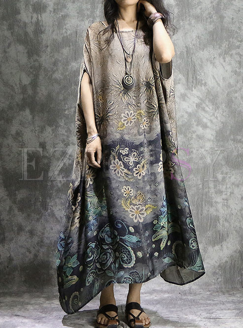 Coffee Ethnic Print Batwing Sleeve Maxi Dress With Tanks
