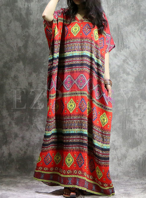 Dresses | Maxi Dresses | Red Bohemian Print Loose V-neck Maxi Dress