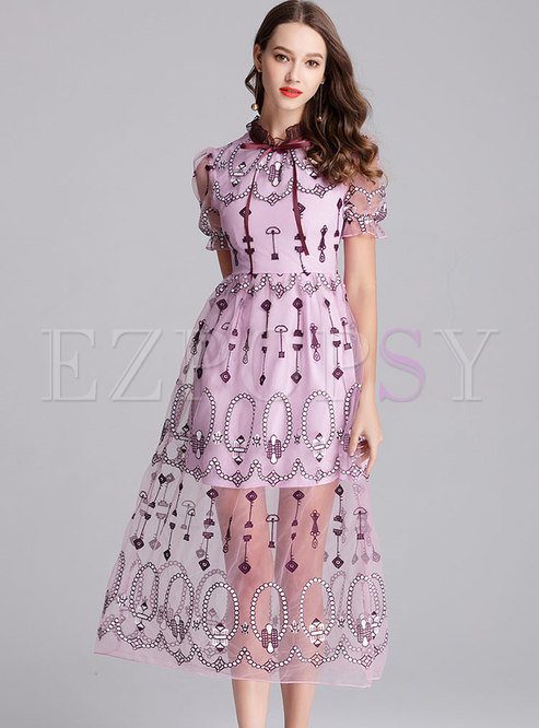 Elegant Stringy Selvedge Embroidery Mesh Midi Dress