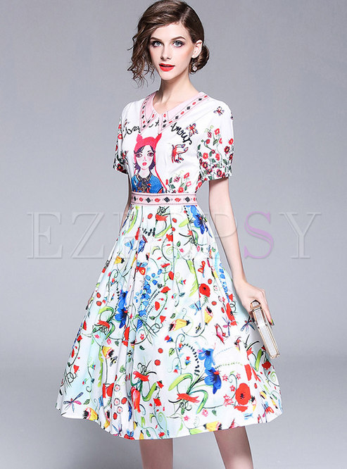 Dresses | Skater Dresses | Ethnic Floral Print Big Hem Midi Dress
