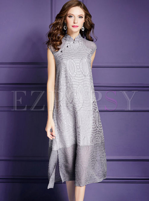 Grey Sleeveless Stand Collar Split Shift Dress