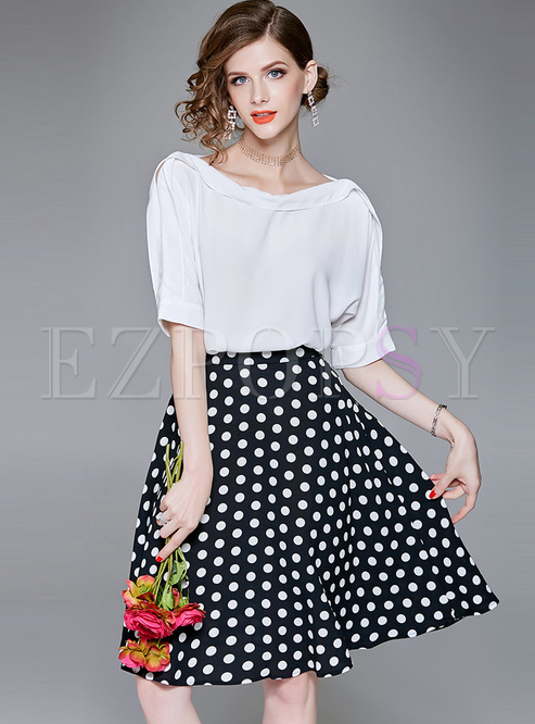 Two-piece Outfits | Two-piece Outfits | White Chiffon Top & Polka Dots ...