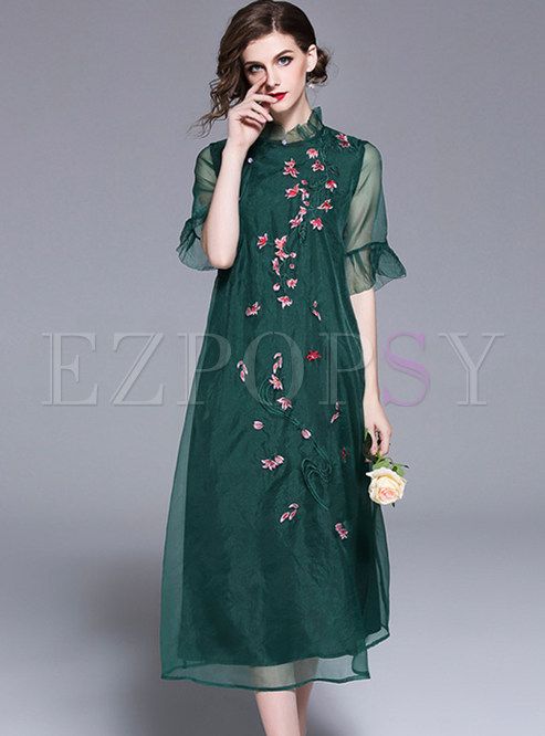 Dresses | Shift Dresses | Green See Through Embroidery Cheongsam Dress