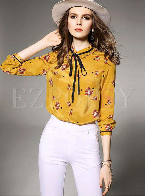 Yellow Floral Print Long Sleeve Tied Blouse
