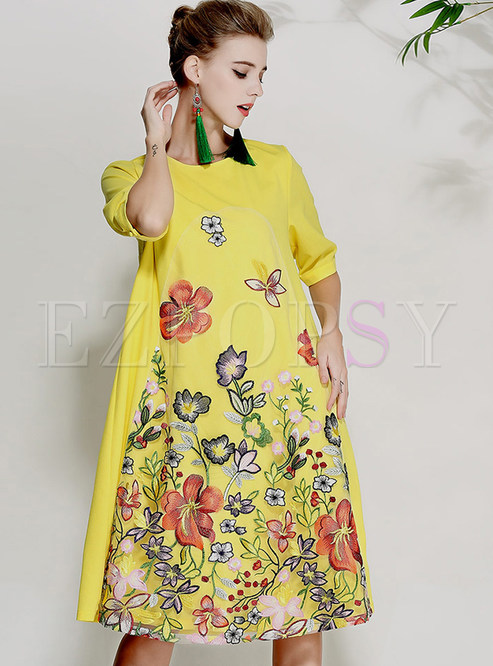 Yellow Flower Embroidery Shift Dress
