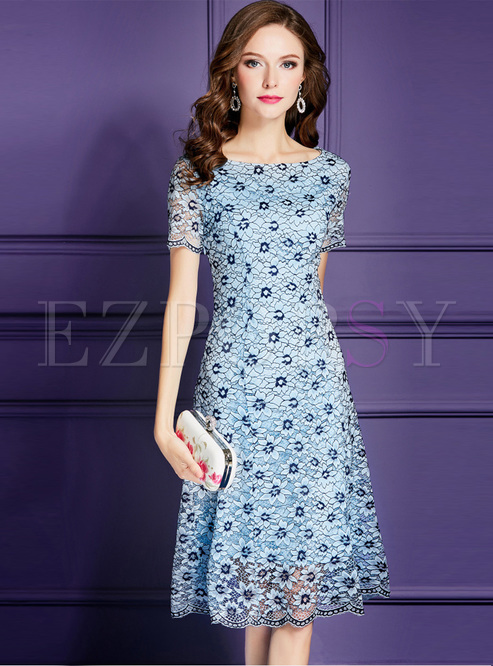 Dresses | Skater Dresses | Blue Mesh Waist Splicing Lace Dress